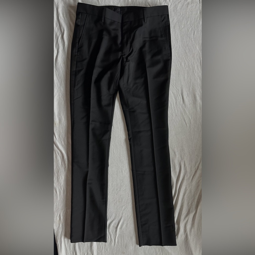 Burberry Uniform Black Wool Men's Dress Pants with Satin Tuxedo Stripe